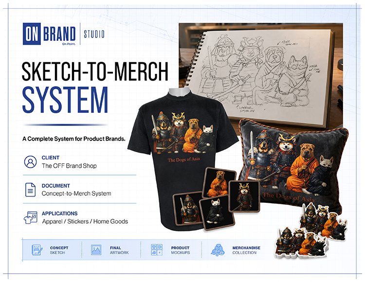 Sketch to merch apparel design system with custom tee graphics stickers and product mockups by ON Brand Studio